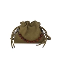 Borsa a secchiello verde oliva con coulisse, catena di perle ambra e tracolla in pelle - Verde