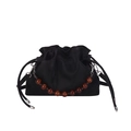 Elegante borsa a secchiello in pelle scamosciata nera con manico in perline ambrate - Nero