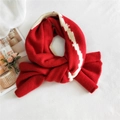 Thick red knitted winter scarf with white stripe pattern for women and students - 186x39 / Red