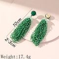 Long emerald green seed bead tassel earrings in bohemian style, 10cm length drop design - Green (26064)