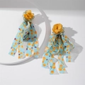 Detailed shot of yellow fabric rose earrings with long blue chiffon floral tassels - Yellow Fabric Rose With Blue Floral Ribbon(26325)