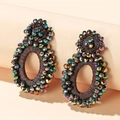 Handmade bohemian oval drop earrings with colorful beaded clusters in an iridescent finish - Black Multi-color