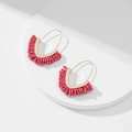 Detail of red seed bead fringe earrings with gold-tone hooks in Bohemian style - Red
