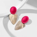 Detail of leaf earrings with magenta textured top and golden ridged metal leaf charms - Red (E25)