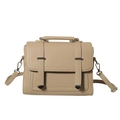 Minimalist beige pebble leather handbag with twin vertical straps and gold hardware - Khaki