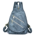 Mochila de tela vaquera azul grisáceo con cremalleras doradas y forma de lágrima suave - Azul