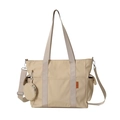 Beige nylon tote bag set with detachable coin purse and adjustable wide shoulder strap - Dark Khaki