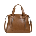 Retro brown textured leather tote bag with dual handles and silver zipper details - Brown