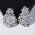 Handmade light grey beaded round earrings in a bohemian style with a woven texture - Light Gray