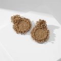 Handmade brown beaded bohemian drop earrings featuring a woven circular geometric design - Khaki