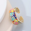 Künstlerischer 18K vergoldeter verstellbarer Ring mit Emaille-Auge und Blumen-Gesicht-Motiv - Abstraktes Kunst Gesicht Auge Stil (J-641-5)
