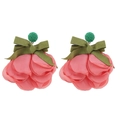 Detail of pink chiffon flower earrings with green fabric bow and micro bead accents - Green