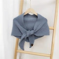 Gray-blue knitted triangle shawl with ribbed texture and front tie knot design - Light Blue Zircon