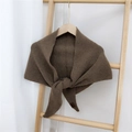 Deep coffee brown knitted triangle scarf wrap with decorative leather patch - Brown