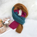 Three-color patchwork chunky knit scarf in teal, magenta, and tan for winter - Lake Blue, Magenta, and Brown Patchwork