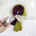 Three-color block knitted scarf in purple, green, and cream with soft ribbed texture - Purple, Grass Green, and Beige Patchwork