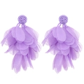 Close-up of purple handmade fabric flower tassel earrings with intricate beadwork detailing - Purple