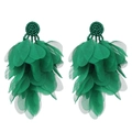 Detailed view of handmade green fabric petal earrings with bohemian beaded tassel accents - Green