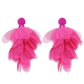 Detail of rose red beaded earrings featuring layered translucent mesh petal tassels - Rose Red
