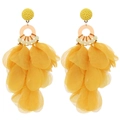 Close-up of yellow fabric petal tassel earrings with intricate yellow beadwork spheres - Yellow