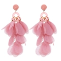 Detail of pink fabric flower earrings with layered chiffon petals and beaded accents - Pink
