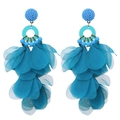 Handmade blue fabric flower earrings with long mesh tassels and beaded details - Blue