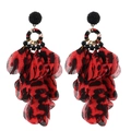 Exaggerated handmade red leopard print fabric flower tassel earrings with black beads - Dark Red