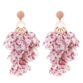 Bohemian style pink fabric petal fringe earrings with beaded studs on white background - Pink