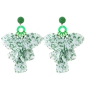 Detail of bohemian long tassel earrings featuring green floral chiffon petals and beads - Green