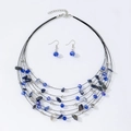 Bohemian multilayer necklace and earring set with blue gravel stones and silver beads - Blue