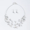 Bohemian multi-layer crushed stone necklace and earring set with marble beads - White