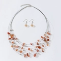 Bohemian multi-layer necklace and earring set with orange gravel beads and silver accents - Lotus Red
