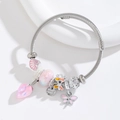 Adjustable stainless steel wire charm bracelet with pink crystals and butterfly pendant - Pink