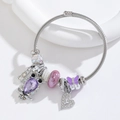 Silver stainless steel bangle with purple owl, heart pendant and crystal beads - Purple