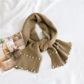 Knitted khaki scarf for women with elegant double-row pearl trim in a soft winter style - 105cmx27cm / Camel