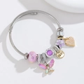 Adjustable stainless steel charm bracelet with pink butterfly, glass beads and love heart - Macaron Purple