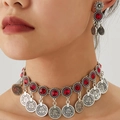 Bohemian vintage jewelry set with red crystal pendants and engraved antique coins - Red