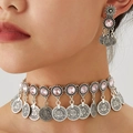 Vintage Middle Eastern jewelry set with pink rhinestones and carved coin pendants - Pink