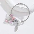 Bracciale a cavo d'argento con ciondoli a fiore rosa e pendenti con perle e foglie - Rosa