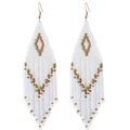 Bohemian white seed bead fringe earrings with gold diamond patterns for women - White