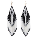 Bohemian long tassel beaded earrings with black and white geometric pattern on white base - Black