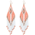 Bohemian seed bead tassel earrings with pink and bronze geometric patterns - Watermelon red