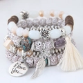 Bohemian multilayer beaded bracelet set with tassel charms and I Love You pendant - White