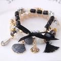Boho-Mehrlagiges Perlenarmband-Set mit Muschelanhänger und schwarzer Bandschleife - Schwarz