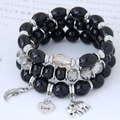 Bohemian 3-layer black beaded bracelet set with silver feather, heart, and elephant charms - Black 3-Layer Elephant Feather (090615112)