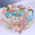 Bohemian multilayer beaded bracelet set with crystal charms and tassels in mint pink - Light Multi-color