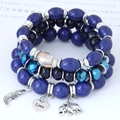 Bohemian multilayer beaded bracelet set with blue crystals and silver elephant charm - Blue