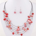 Bohemian multi-layer necklace and earring set with red shells and crystal beads - Red