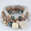 Bohemian multi-layer beaded bracelet set with elephant pendant and cream tassel - White