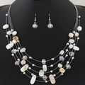 Close-up of a five-layer necklace featuring white shell fragments and faceted crystal beads - White